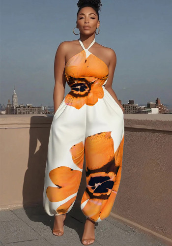 Print Halter Neck Slim Wasit Wide Leg Jumpsuit
