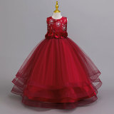 Embroidered Sequin Sleeveless Puffy Dress Girls Princess Dress Floral Mesh Long Gown