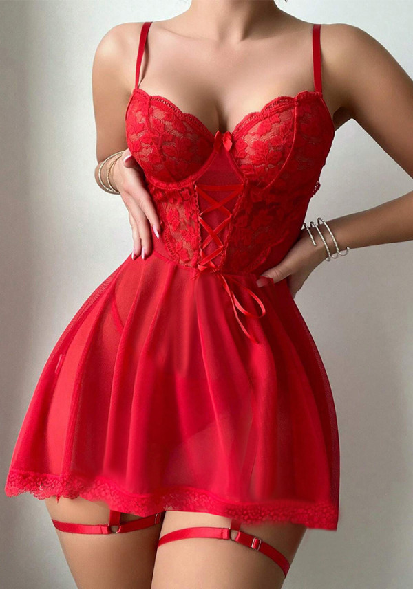 Erotic Lingerie Sexy Lace Mesh Lace-up Strap Nightdress