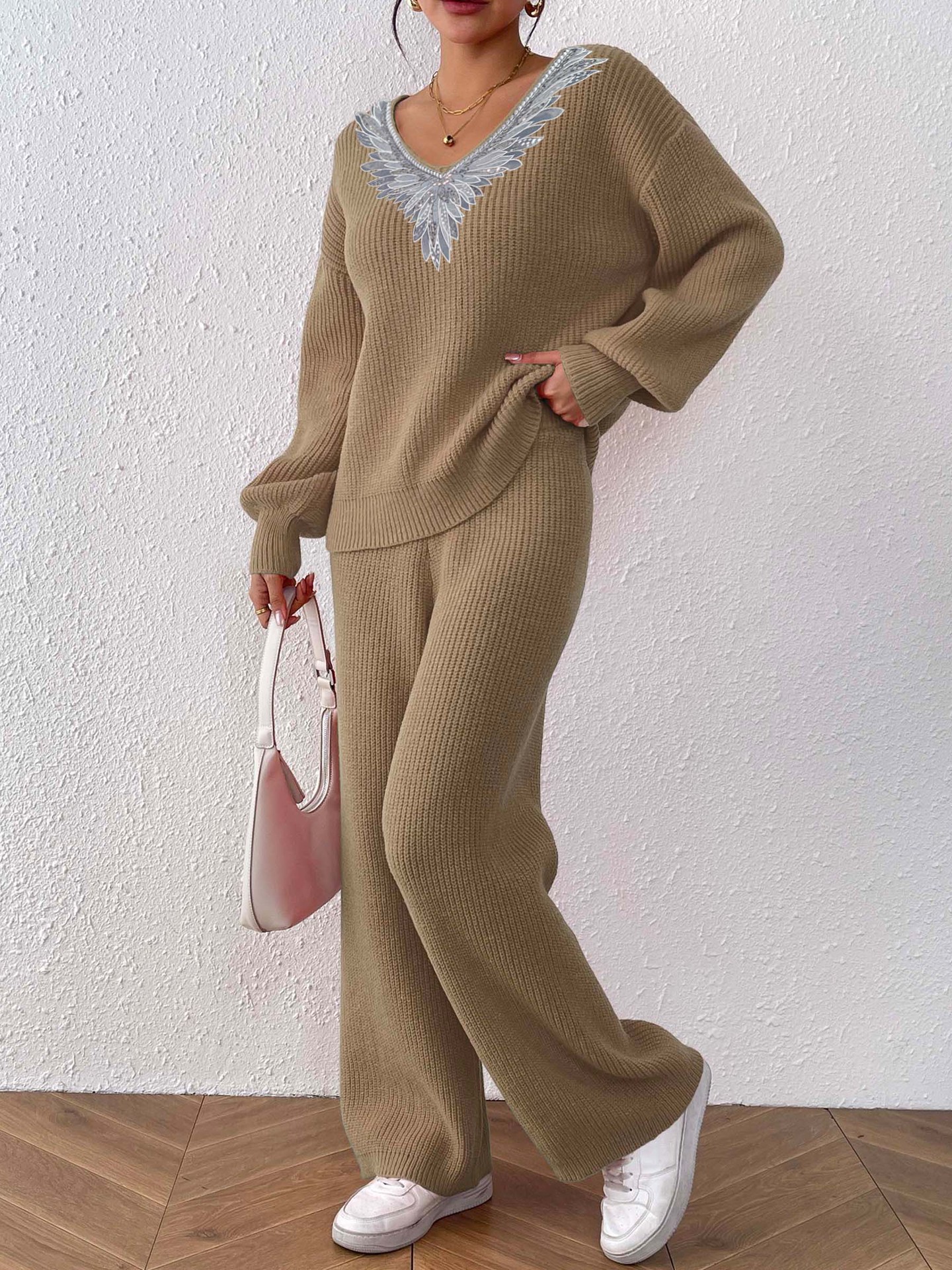 Women's Knitted V-Neck Loose Top & Solid Wide Leg Straight Pants Sweater Two-Piece Set