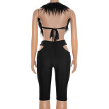 Women Autumn/Winter Halter Neck Fur Collar Backless Tie Cutout Top and Capri Two-Piece Set