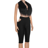 Women Autumn/Winter Halter Neck Fur Collar Backless Tie Cutout Top and Capri Two-Piece Set