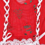 Christmas Outfit New Year Red Lace Cross Lace-Up Feather Strappy Three-Piece Lingerie Set