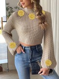 Women's Short Crop Knit Sweater Autumn Winter Crochet Patchwork Bell Sleeve Mock Neck Pullover Top