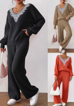 Women's Knitted V-Neck Loose Top & Solid Wide Leg Straight Pants Sweater Two-Piece Set