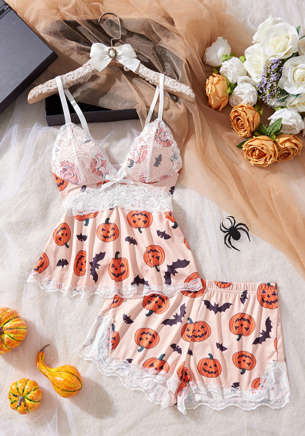 Sexy Lace Patchwork Lingerie Set Print Loungewear Two-Piece Set