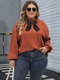 Women's Pullover Top Spring Autumn Plus Size Mock Neck Sweater Ribbon Bow Patchwork Rib Shirt