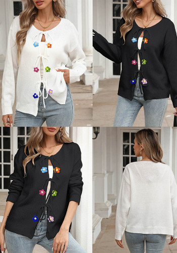 Women's Knit Outerwear Autumn Winter Lace-Up Bow Crochet Patchwork Cardigan