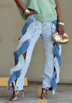 Color Block Patchwork Straight Leg Knot Cut-Out Denim Pants Color Block Patchwork Straight Leg Knot Cut-Out Denim Pants