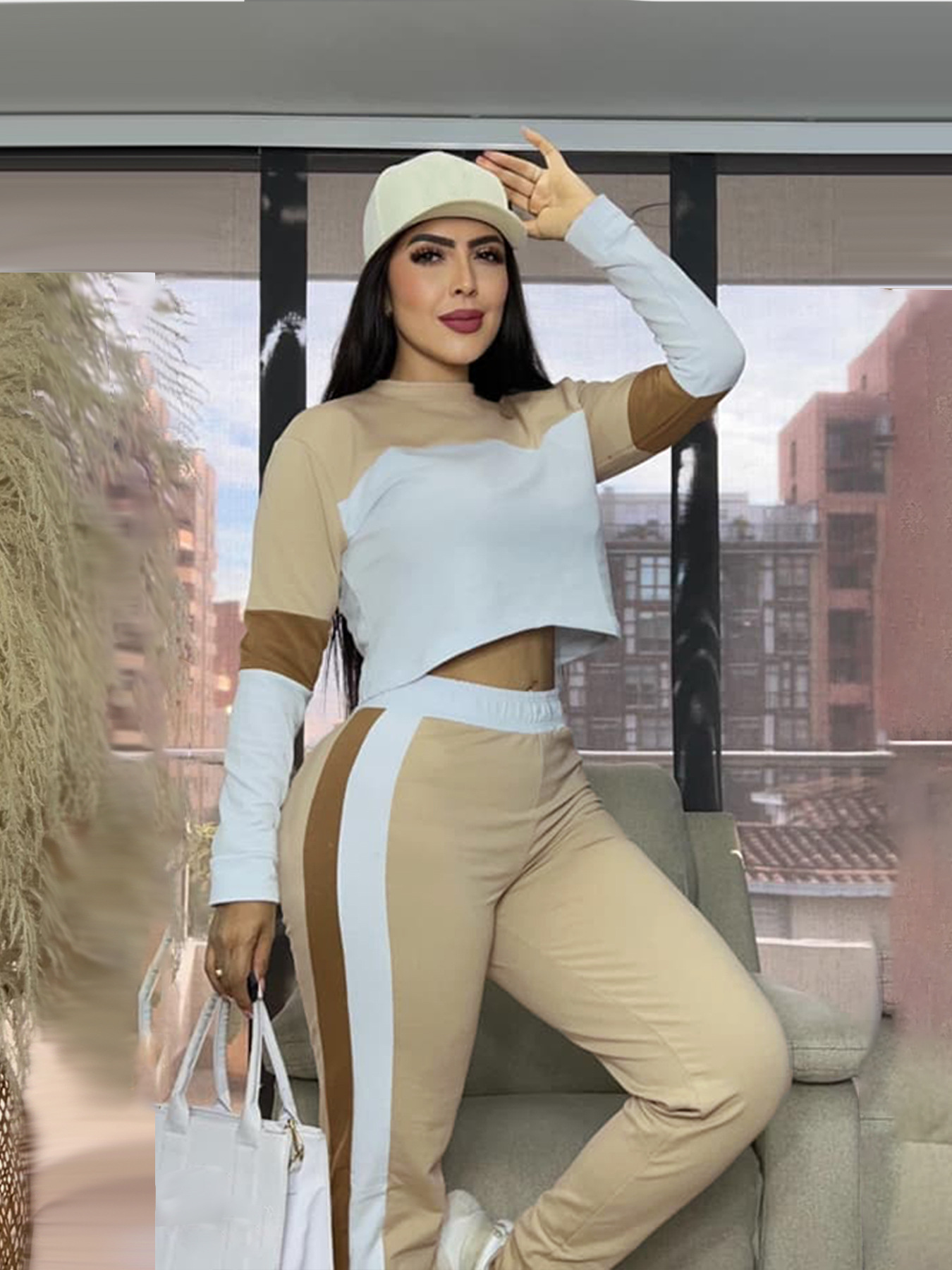 Fashion Street Color Block Patchwork Long Sleeve Sweatshirt & Sport Casual Pants Two-Piece Set