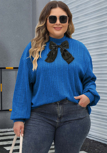 Women's Pullover Top Spring Autumn Plus Size Mock Neck Sweater Ribbon Bow Patchwork Rib Shirt