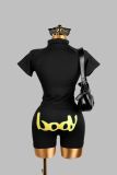 Women Summer Letter Printed Sexy Solid Top and Shorts Two-Piece Set