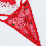 Christmas Outfit New Year Red Lace Cross Lace-Up Feather Strappy Three-Piece Lingerie Set