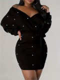 Women Beaded Casual Long-Sleeved Solid Off-The-Shoulder Dress