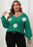 Plus Size Women's Sweater Pineapple Sleeve Patchwork Knit Shirt Floral Patchwork Pearl Embroidered Pullover Top