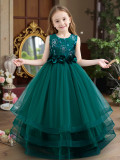 Embroidered Sequin Sleeveless Puffy Dress Girls Princess Dress Floral Mesh Long Gown