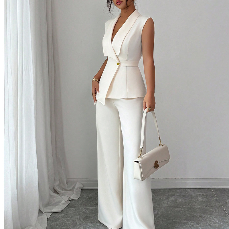 Women autumn elegant solid vest and trousers two-piece set