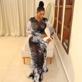 Women Printed Colorblock Round Neck Long Sleeve Bodycon Dress