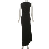Women Fall Solid Metallic Sleeveless Sexy Slit Dress