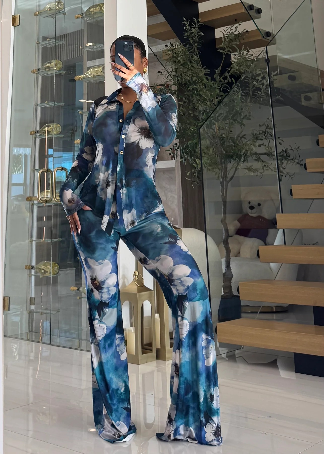 Women Printed Mesh Turndown Collar Long-Sleeved Button Top and Bell Bottom Pants Two-Piece Set