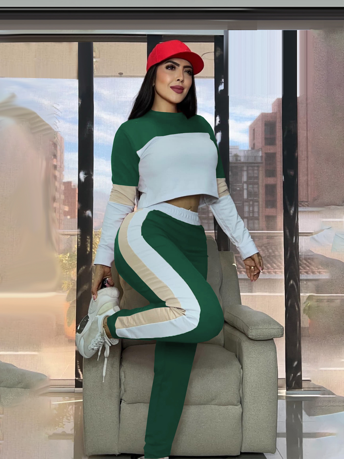 Fashion Street Color Block Patchwork Long Sleeve Sweatshirt & Sport Casual Pants Two-Piece Set