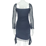 Women Cutout Pleated U-Neck Long Sleeve Solid Bodycon dress