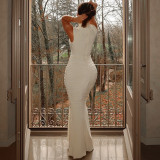 Women Solid Pleated Elegant Fishtail Stand Collar Sleeveless Bodycon Dress