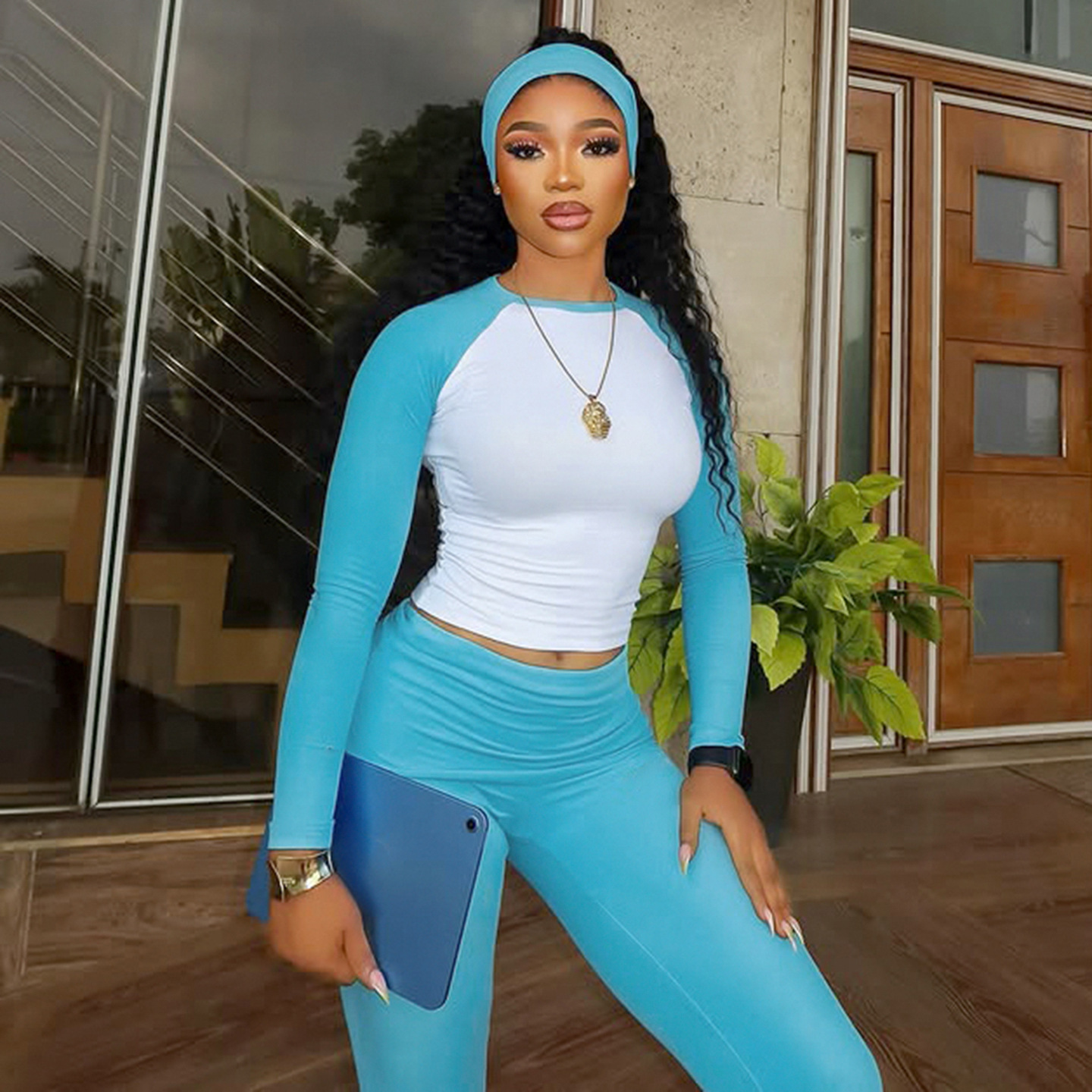 American Casual Sport Color Block Long Sleeve T-Shirt & Fold-Waist Pants Gym Three-Piece Set
