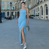 Women Fall Sexy Strapless Suspender Pleated Irregular Slit Dress