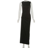 Women Fall Solid Metallic Sleeveless Sexy Slit Dress