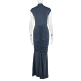 Women Solid Pleated Elegant Fishtail Stand Collar Sleeveless Bodycon Dress