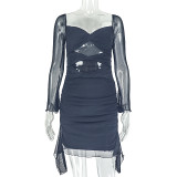 Women Cutout Pleated U-Neck Long Sleeve Solid Bodycon dress