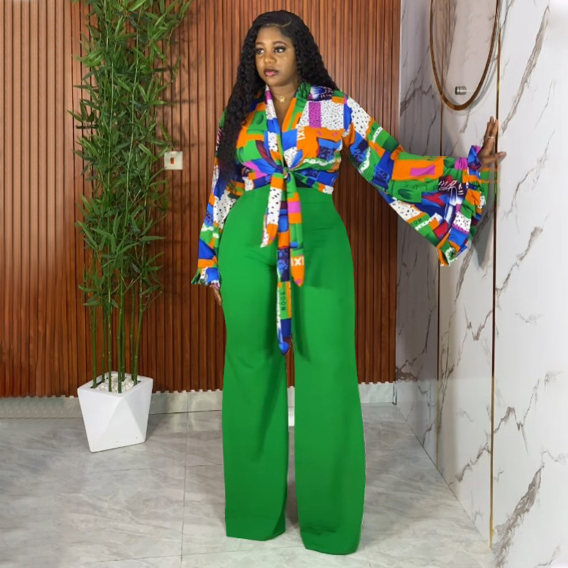 Plus-Size Women Fall Printed Bell Bottom-Sleeve Top and Wide-Leg Pants Two-Piece Set