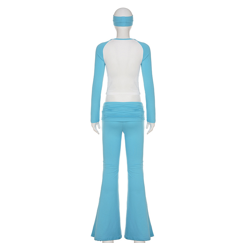 American Casual Sport Color Block Long Sleeve T-Shirt & Fold-Waist Pants Gym Three-Piece Set