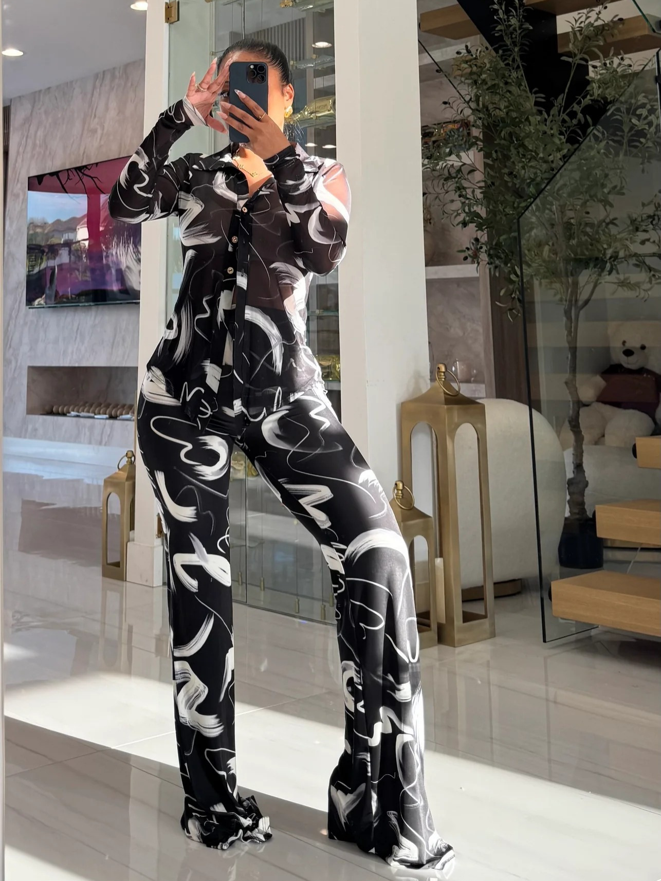 Women Printed Mesh Turndown Collar Long-Sleeved Button Top and Bell Bottom Pants Two-Piece Set