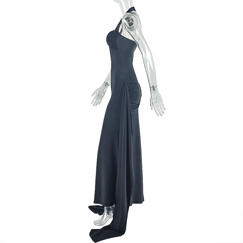 Women Solid Lace-Up Backless Pleated Halter Neck Bodycon Dress