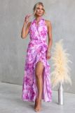 Women Printed Sexy V-Neck Backless Halter Neck Patchwork Ruffle Edge Dress