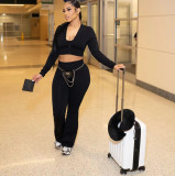 Women Fall Sporty Casual Solid Long-Sleeved Top and Tank Three-Piece Pants