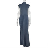 Women Solid Pleated Elegant Fishtail Stand Collar Sleeveless Bodycon Dress