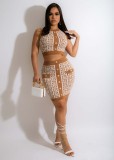 Women Round Neck Sleeveless Geometric Pattern Top and Skirt Two-Piece Set