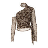Women's Leopard Print Slash Shoulder Long Sleeve Ribbon Slim Fit T-Shirt Top