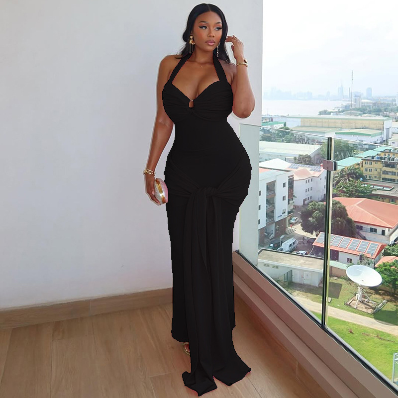 Women Solid Lace-Up Backless Pleated Halter Neck Bodycon Dress