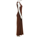 Women Fall Solid Metallic Sleeveless Sexy Slit Dress