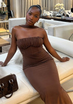 Women Solid Strapless Halter Neck Off-Shoulder Sleeveless Dress