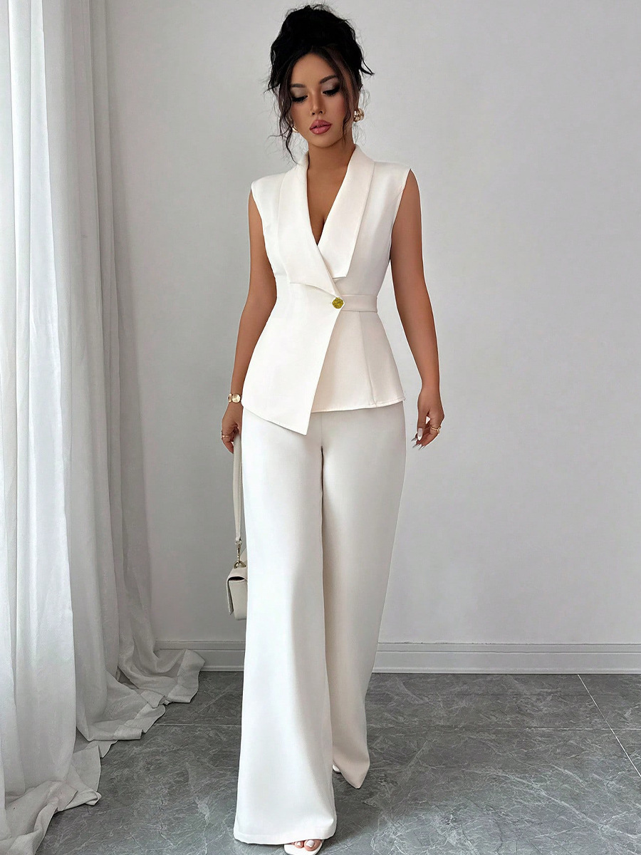 Women autumn elegant solid vest and trousers two-piece set