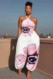 Print Halter Neck Slim Wasit Wide Leg Jumpsuit
