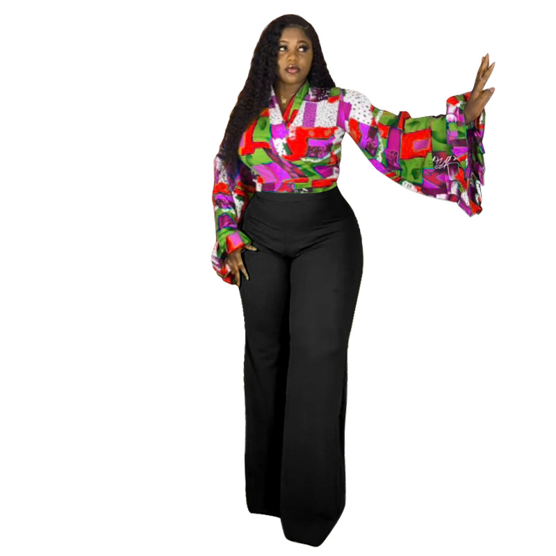 Plus-Size Women Fall Printed Bell Bottom-Sleeve Top and Wide-Leg Pants Two-Piece Set