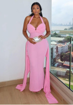 Women Solid Lace-Up Backless Pleated Halter Neck Bodycon Dress