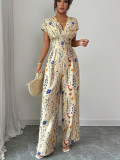 Women autumn printed short-sleeved wide-leg jumpsuit
