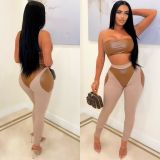 Women Sexy Colorblock Pu Leather Patchwork Strapless Top and Pants Two-Piece Set